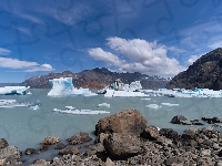 Niebo, Argentyna, Białe, Chmury, Lód, Patagonia, Góry, Kamienie, Kry, Jezioro