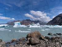 Niebo, Argentyna, Białe, Chmury, Lód, Patagonia, Góry, Kamienie, Kry, Jezioro