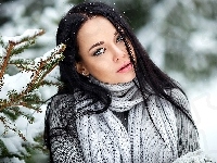 Śnieg, Angelina Petrova, Świerk, Kobieta, Szal, Gałązka