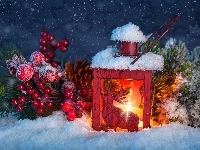 Ozdoby, Śnieg, Kompozycja, Lampion, Gałązki, Boże Narodzenie