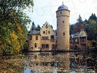 Niemcy, Mespelbrunn, Woda, Zamek, Bawaria, Drzewa