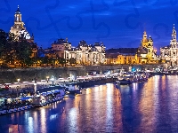 Noc, Rzeka, Miasta, Niemcy, Panorama, Statki, Drezno