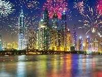 Zjednoczone Emiraty Arabskie, Noc, Dubaj, Fajerwerki, Wieżowce