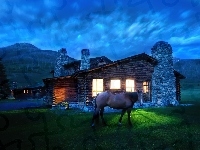 Noc, Montana, Koń, Dom, Cabin