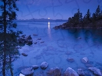 Noc, Kamienie, Kalifornia, Jezioro, Drzewa, Tahoe