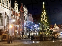 Miasto, Noc, Gdańsk, Świąteczne, Choinka