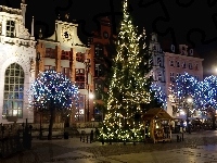 Noc, Świąteczne, Miasto, Gdańsk, Choinka