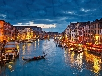 Noc, Wenecja, Gondola, Światła