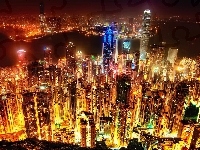 Światła, Hong Kong, Noc, Wieżowce