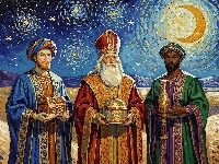 Noc, Grafika Religijna, Księżyc, Trzej Królowie, Mędrcy, Gwiazdy, Mężczyźni, Dary