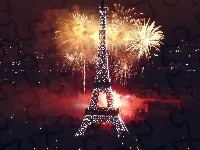 Noc, Wieża Eiffla, Paryż, Fajerwerki