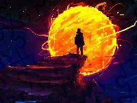 Mężczyzna, Grafika, Skała, Księżyc, Digital art, Fantasy, Noc