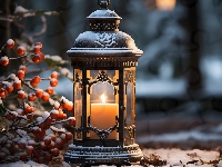Gałązki, Zima, Świeca, Noc, Lampion, Dekoracja, Śnieg