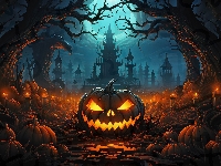 Drzewa, Halloween, Świece, Noc, Dynia, Świecąca, Zamek