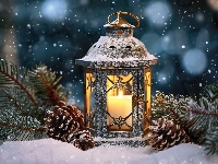 Gałęzie, Zima, Szyszki, Noc, Świeca, Lampion, Śnieg