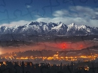 Noc, Drzewa, Góry, Tatry, Domy