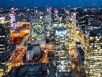 Noc, Polska, Z lotu ptaka, Pałac kultury, Wieżowce, Warszawa, Oświetlenie