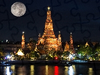 Noc, Bangkok, Tajlandia, Rzeka Menam, Księżyc, Świątynia Świtu Wat Arun