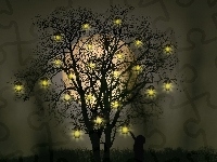 Noc, Fantasy, Drzewo, Światełka, Księżyc