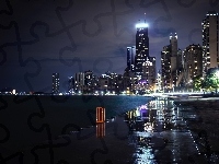 Wieżowce, Noc, Stany Zjednoczone, Chicago, Jezioro Michigan