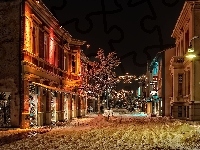 Śnieg, Bożonarodzeniowe, Miasto, Nocą, Dekoracje