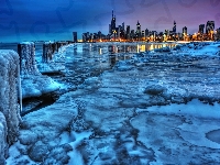 Michigan, Chicago, Panorama, Nocą, Lód, Jezioro