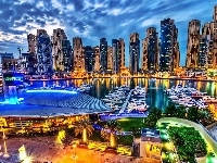 Chmur, Nocą, Panorama, Marina, Dubaj, Drapacze, Jachty, Miasta