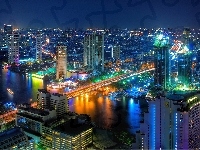 Nocą, Most, Bangkok, Miasto, Rzeka