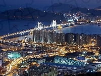 Morze, Nocna, Busan, Gwangan, Góry, Most, Panorama