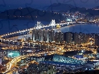 Morze, Nocna, Busan, Gwangan, Góry, Most, Panorama