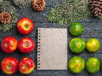 Jabłka, Notes, Limonki, Gałązki, Szyszki