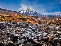 Roślinność, Niebo, Kamienie, Wulkan Ngauruhoe, Park Narodowy Tongariro, Potok, Nowa Zelandia, Góry