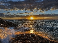 Nowa Południowa Walia, Morze, Wschód Słońca, Ocean Spokojny, Australia, Przylądek Fingal Head, Skały