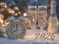 Nowy Rok, Zegar, 2026, Grafika AI, Szampan, Kieliszki, Zima