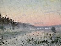 Obraz, Kaczki, Jezioro, Mgła, Las