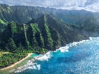 Ocean, Poranek, Plaża, Hawaje, Wybrzeże, Góry, Stany Zjednoczone, Na Pali