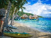 Ocean, Bora Bora, Plaża, Domki