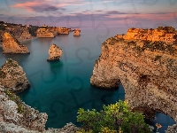 Ocean Atlantycki, Wybrzeże, Chmury, Portugalia, Morze, Skały, Region Algarve