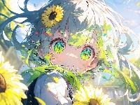 Dziewczyna, Słoneczniki, Duże oczy, Anime, Kwiaty