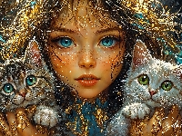 Dziewczynka, Oczy, Niebieskie, Koty, Dwa