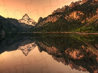 Gosausee, Austria, Jezioro, Odbicie, Dachstein, Góry, Drzewa