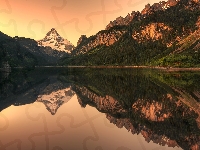 Gosausee, Austria, Jezioro, Odbicie, Dachstein, Góry, Drzewa