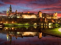 Wawel, Polska, Zamek Królewski na Wawelu, Odbicie, Oświetlony, Kraków, Rzeka Wisła