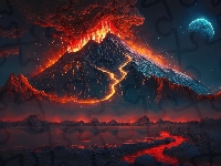 Księżyc, AI, Noc, Krater, Erupcja, Lawa, Wulkan, Ogień