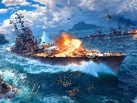 Okręty, Ogień, World of Warships, Morze, Wojenne