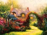 Kwiaty, Ogród, Dom, Thomas Kinkade
