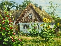 Ogród, Wiejski, Dom, Kwiaty