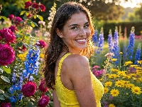 Kwiaty, Kobieta, Uśmiechnięta, Ogród