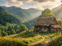 Ogrodzenie, Lasy, Góry, Dolina, Drzewa, Łąka, Kwiaty, Dom, Ścieżka