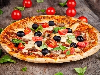 Listki, Pizza, Stół, Oliwki, Oregano, Pomidorki
